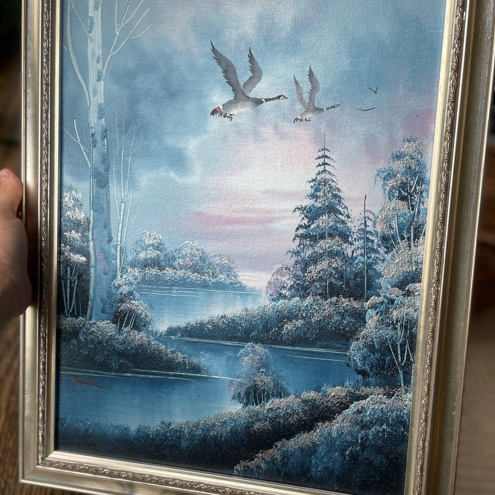 oil Painting shimmery and serene landscape with Silver colored Frame 18.5x14